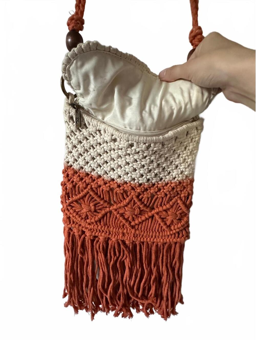 The Sak Macrame Crossbody Bag with Fringe in Beige and Coral - Picture 4 of 6